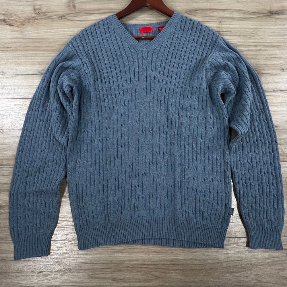 IZOD Mens Blue Cable Knit V-Neck Sweater 100% Cotton M L88 RN36543